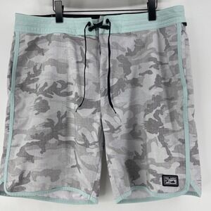 Pelagic Shorts Men 38 Gray Camo High Performance Fishing Board Swim Suit Surf 9"